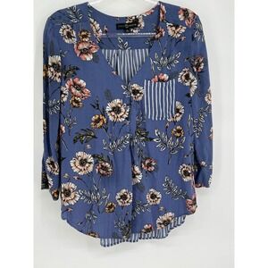 Fred David Floral Blouse V-Neck Long Sleeve Pocket Casual Top Size L